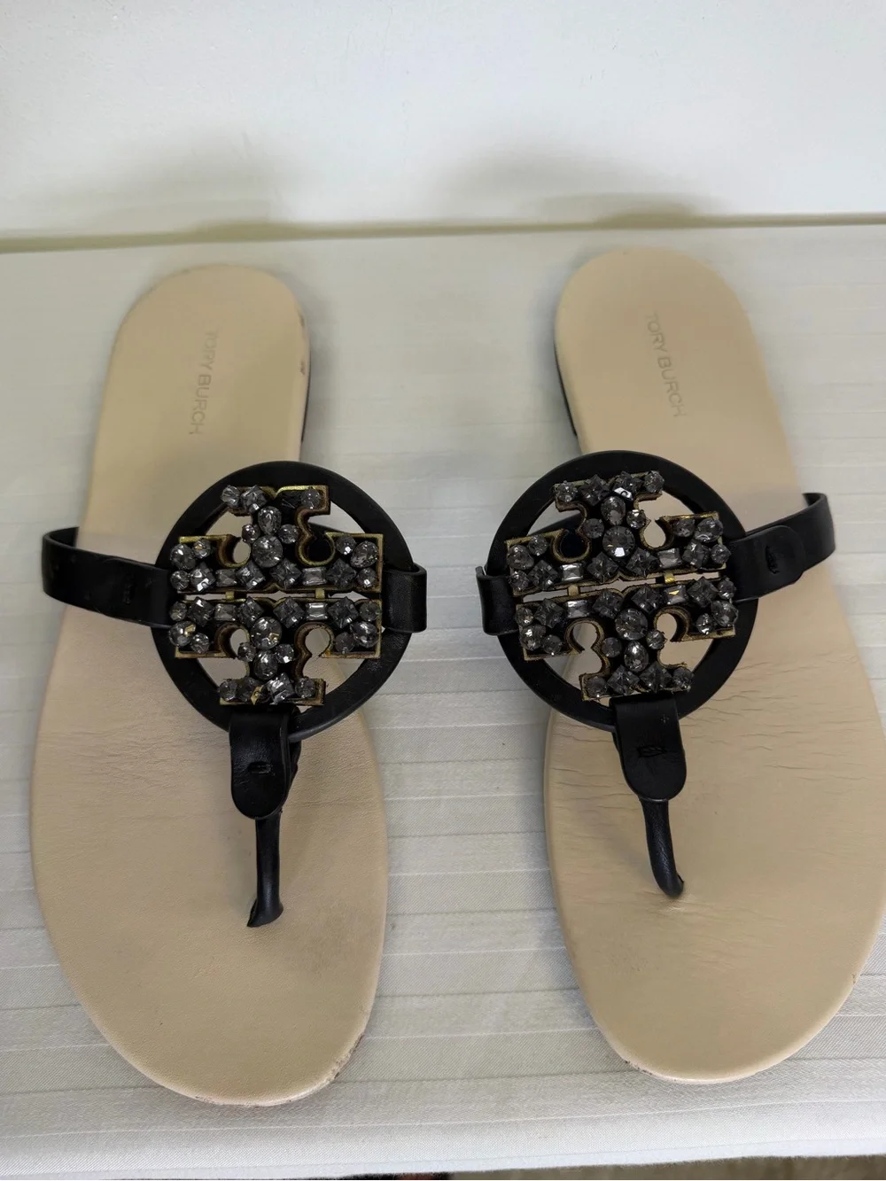 Tory Burch ‘Miller’ Crystal Embellished Iconic Logo Soft Sandals Women’s Size 8